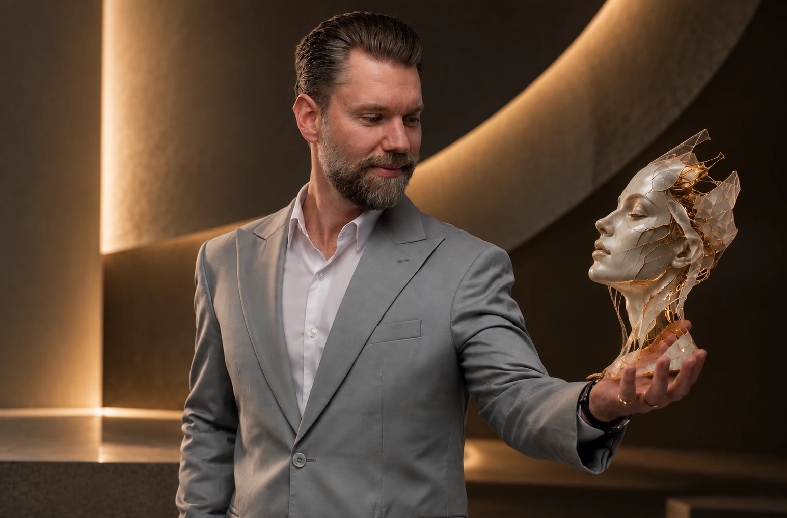 Imagem conceitual de um profissional observando uma escultura facial.
