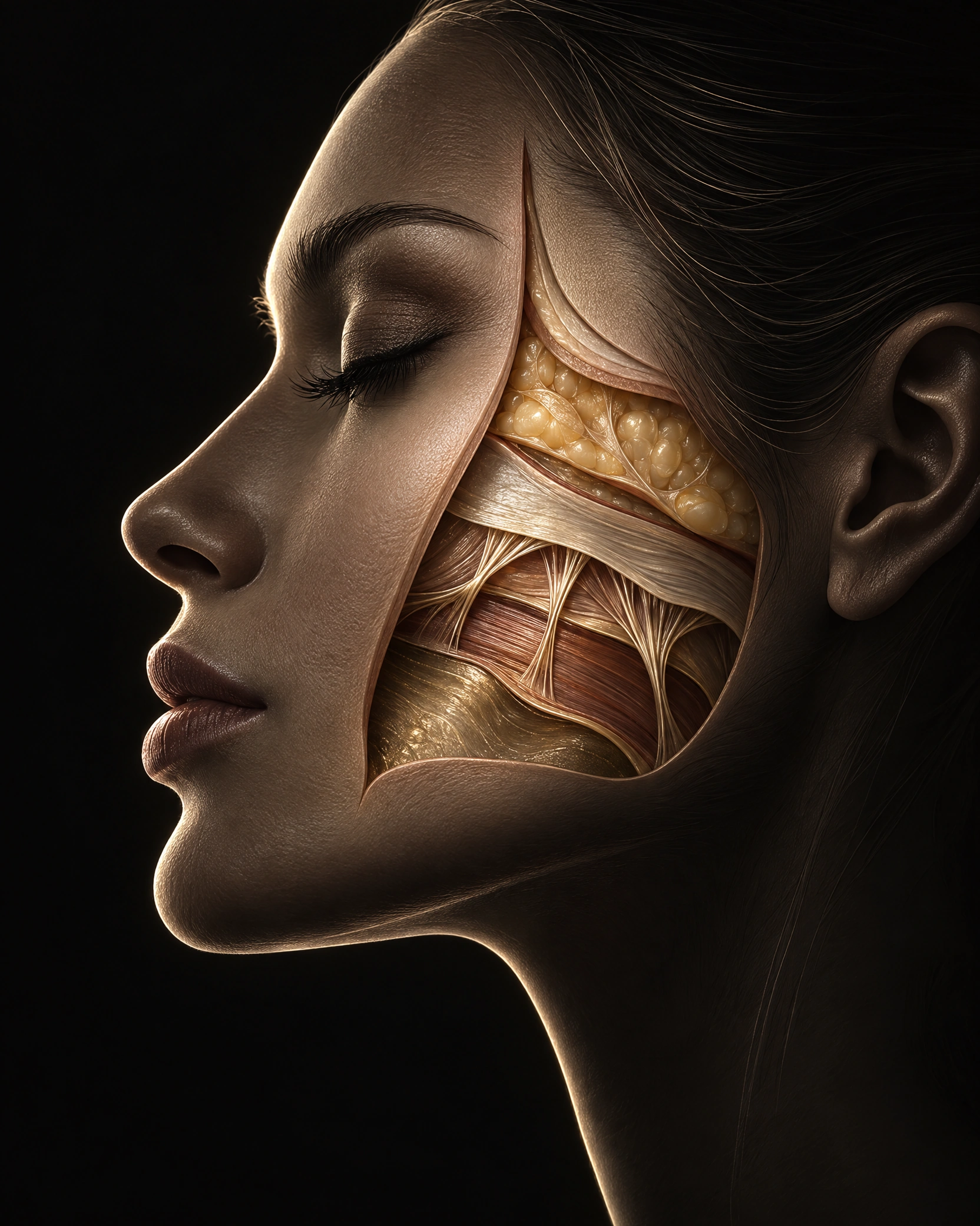 Ilustração em corte lateral mostrando camadas anatômicas da face, incluindo pele, gordura e músculo.